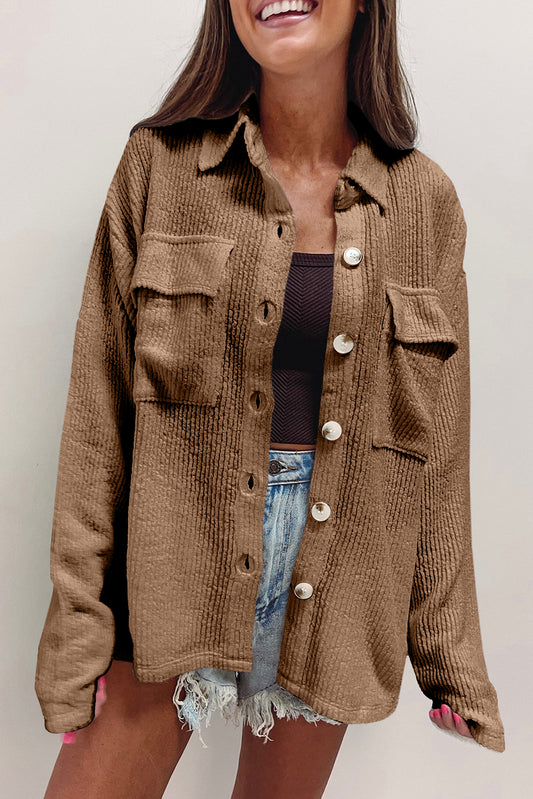 Dark Khaki Rib Textured Pocket Jacket