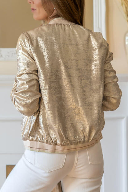 Pale Khaki Metallic Zip Up Baseball Pocket Jacket