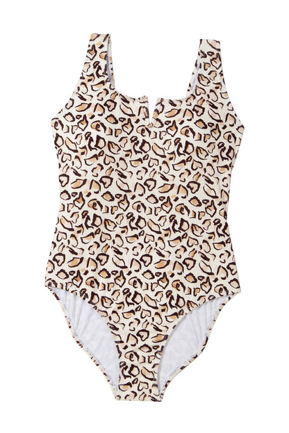 Khaki Leopard Print Notched Neck Backless One Piece Swimsuit