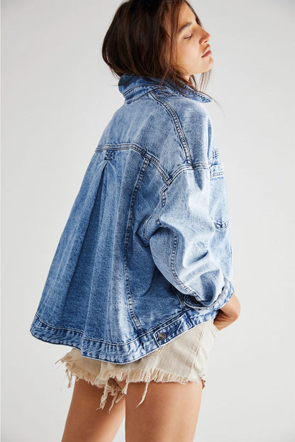 Dark Blue Washed Oversized Pocketed Denim Jacket