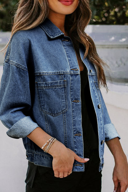 Dark Blue Washed Oversized Pocketed Denim Jacket