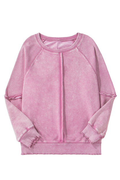 Pink Waffle Patchwork Raglan Sleeve Exposed Seam Sweatshirt