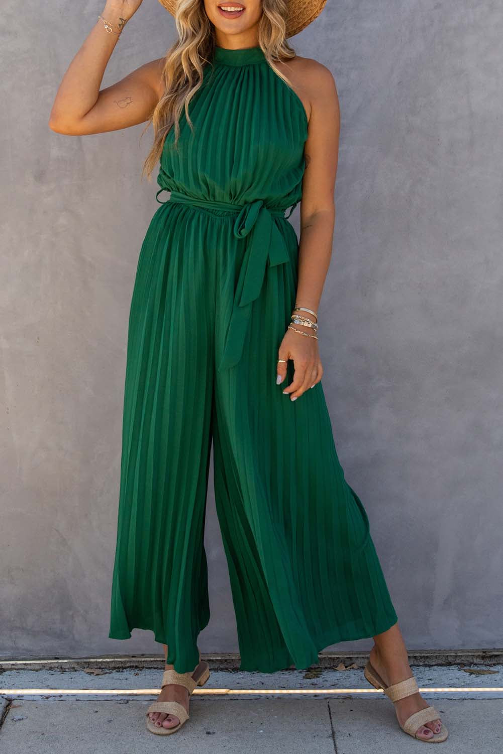 Green Elegant Halter Neck Belted Pleated Wide Leg Jumpsuit