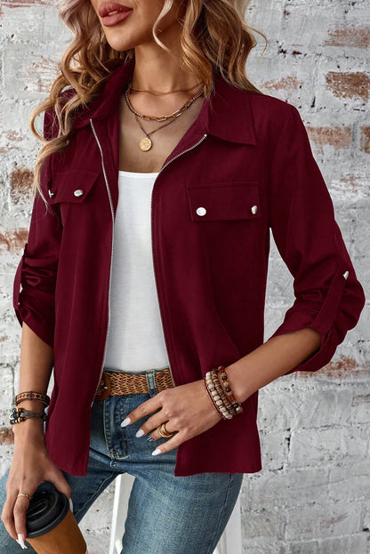 Red Dahlia Collar Tab Sleeve Zip Up Jacket