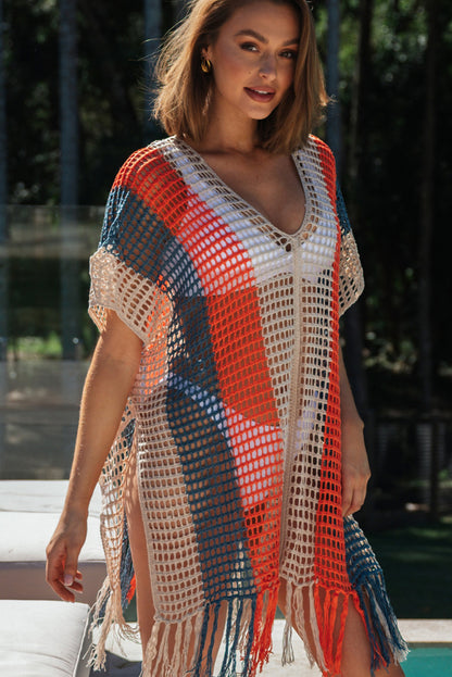 Multicolor Striped Tassel Crochet V Neck Beach Cover Up