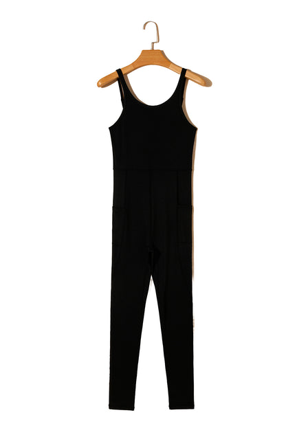 Black High Waist Backless Side Pockets Slim Fit Sports Jumpsuit