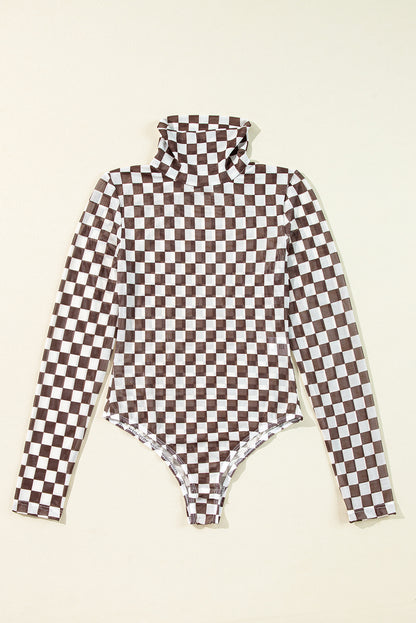 Black Checkered Print Long Sleeve Mock Neck Bodysuit