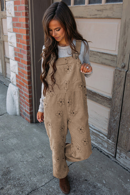 Khaki 60s Flower Print Corduroy Overalls