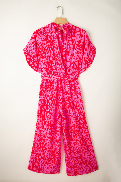 Rose Leopard Print Tulip Sleeve Belted Wide Leg Jumpsuit