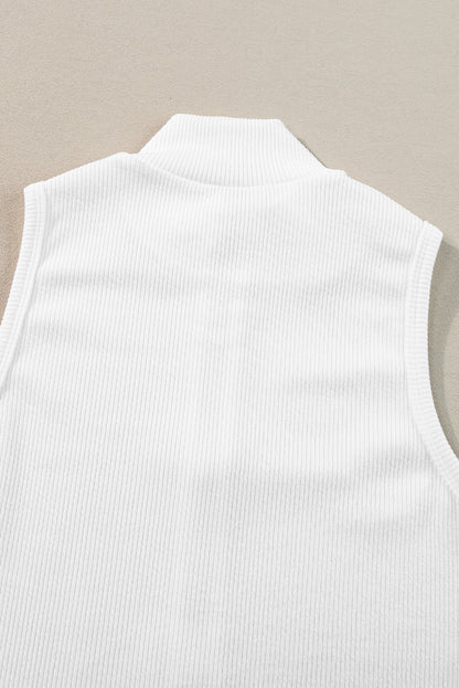 White Zip Up Mock Neck Ribbed Sleeveless Bodysuit