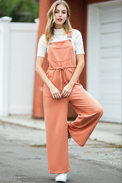 Orange Pocketed Drawstring Wide Leg Overalls