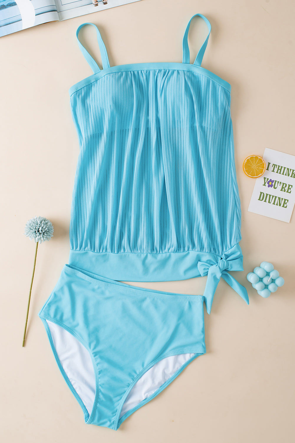 Turquoise Striped Mesh Top and Knotted Bottom Tankini Set