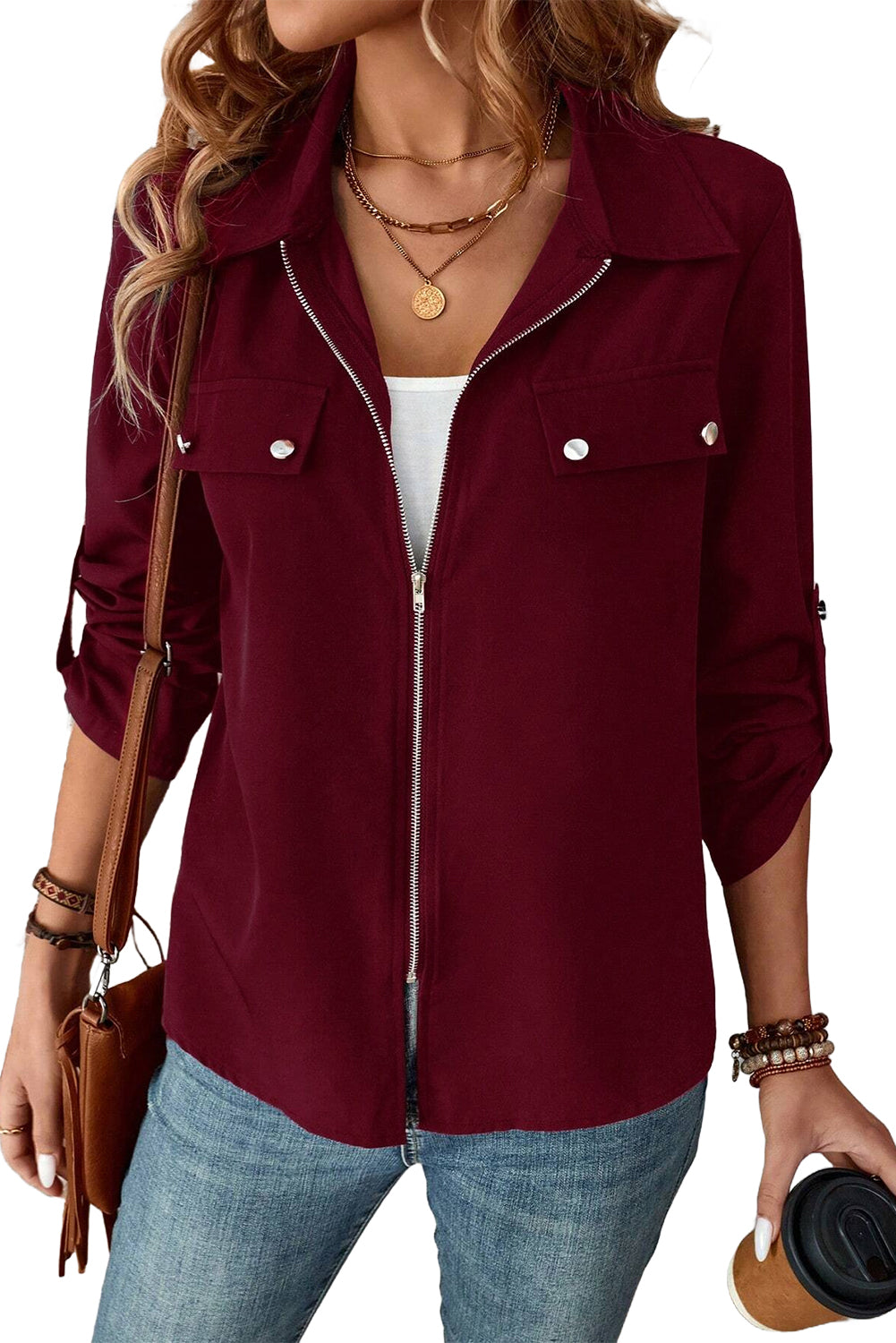 Red Dahlia Collar Tab Sleeve Zip Up Jacket