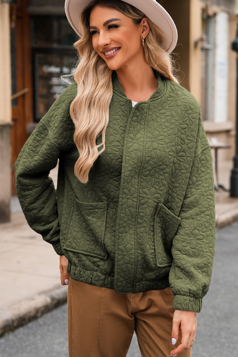 Jungle Green Plain Floral Embossed Zip Up Jacket